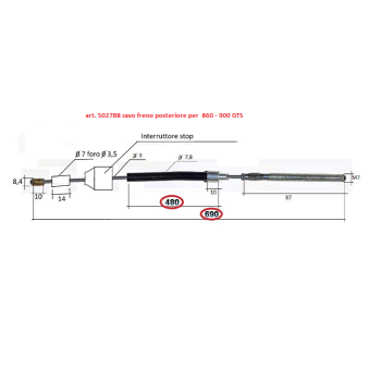 Cavo freno posteriore L. totale mm. 690 con interruttore stop per Ducati bicilindrici con freno posteriore a tamburo 860 e 900GT/S