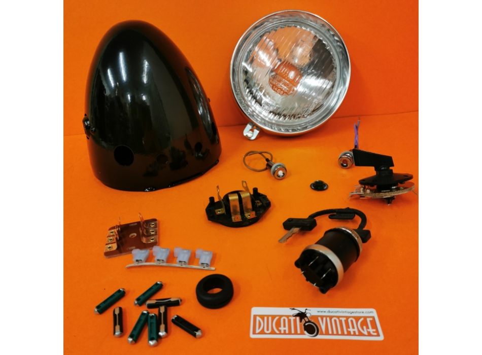 Fanale completo nero a goccia tipo elettronico per Ducati Scrambler 1° serie con motore ad accensione elettronica, modello originale di transizione tra 1° e 2° serie